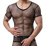 FEESHOW Men's Fishnet See Through Mesh Short Sleeve T-Shirt Clubwear Undershirt