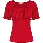 Belle Poque Women Vintage Ruched Tops Square Neck Puff Short Sleeve Cotton Shirt