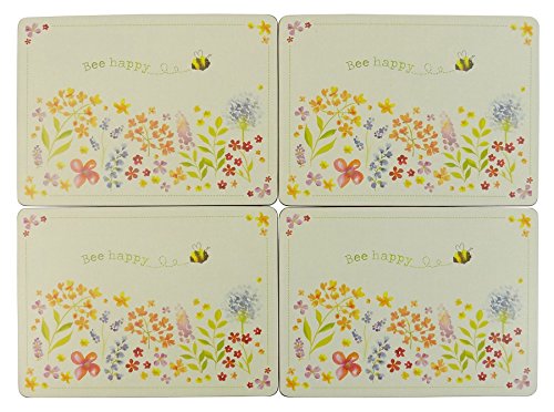 4 FLOWER BEE HAPPY CREAM PINK ORANGE CORK BACKED HARDBOARD PLACEMATS 29X21.5CM