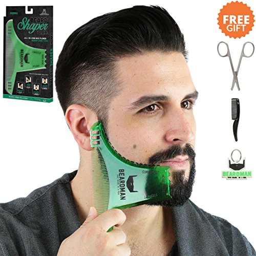 BEARDMAN - Beard Shaping Tool - 6 in 1 Multi-liner Beard Shaper Template Comb Kit Transparent - Bonus Items Included - Works with any Beard Razor Electric Trimmers or Clippers - (Clear Green)