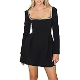 YEXPINE Women's Long Sleeve Mini Dress Pearl Square Neck Ruffle Hem Short Dress Bride Party Club Elegant Dresses