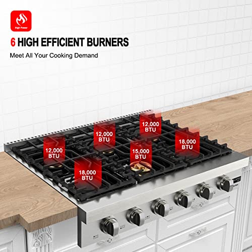 36 Inch Gas Cooktop 6 Burners, GASLAND Chef Pro RT3606 Professional