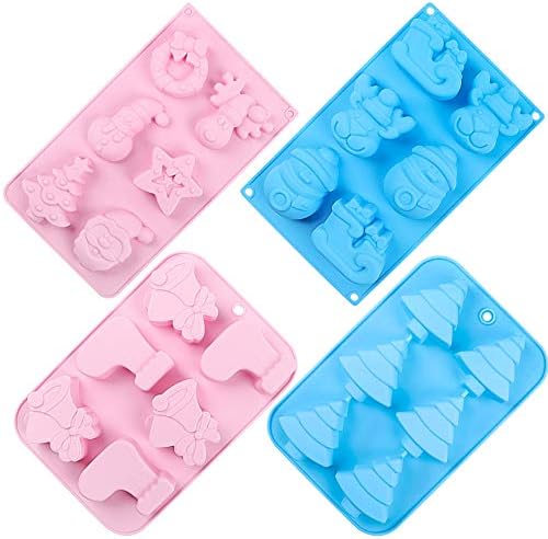 YGEOMER 4 6-Cavity Christmas Silicone Soap Molds, 15 Patterns for Making Fondants, Cakes, Handmade Soaps for Party Xmas Gift,with Shape of Christmas Tree, Socks, Bells, Snowman
