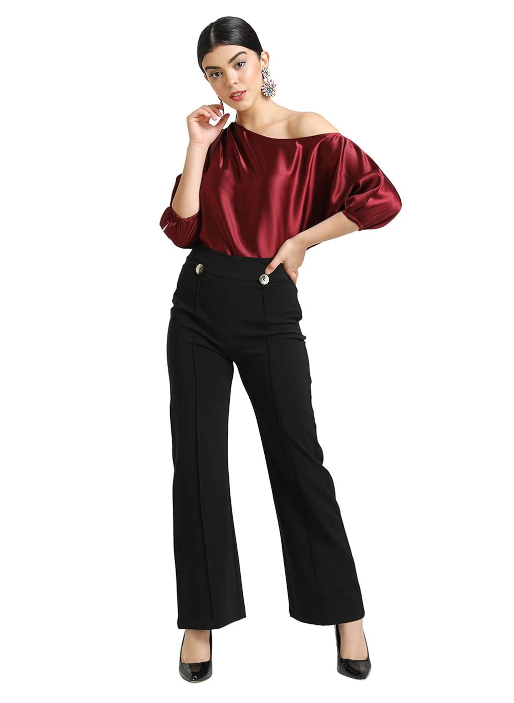 Buy Kazo Satin Batwing Sleeve TOP Maroon at Amazon.in