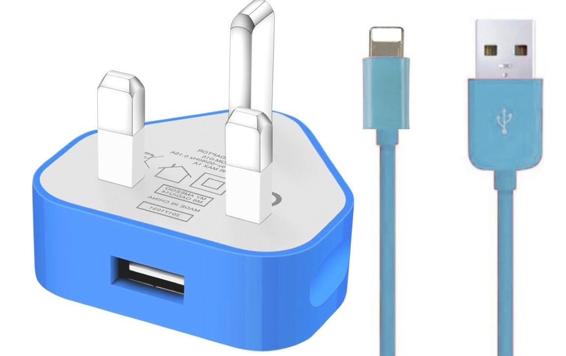 TheMax® USB 2.0 Data Sync Charging Cable 1 meter + 1000mAh USB Charger Plug Compatible with iiPhones 6/7/8/X/XS/XS Max/11/12/12 Pro max/13/13 mini/14/14 plus (1 Meter, Blue 2 in1)