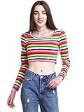 Beluring Womens Long Sleeve Striped Casual Crew Neck Crop Top Short T Shirt