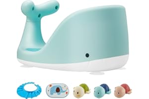 TUYEDOQE Whale Shape Baby Bath Seat – 3 Bath Toys + Bath Brush + Shower Cap – Ergonomic Backrest – Elastic and Breathable – 4 Strong Non-Slip Suction Cups – Ideal Gift! (Green)