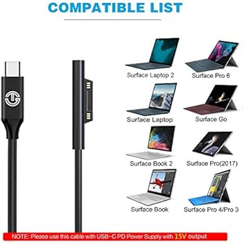 J Go Tech 15v Surface Connect To Usb C Cable Works With 45w Usb C Pd Chargers Charges Microsoft Surface Pro 6 Pro 5 Pro 4 Pro 3 Surface Book Surface Go