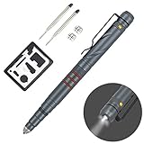 Aotedor EDC Tactical Pen Flashlight - Window Glass Breaker, Ballpoint Pen + 2 Ink Cartridges + 2 Batteries - Gray