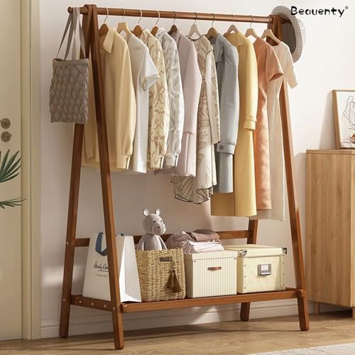 Beauenty Bamboo Clothes Racks, Freestanding Clothing Hanger with Storage Rack, Clothes Hanging Shoe Rack, Coat Organizer for Hotel, Hallway, Bedroom, Office (100x46x144 cm)