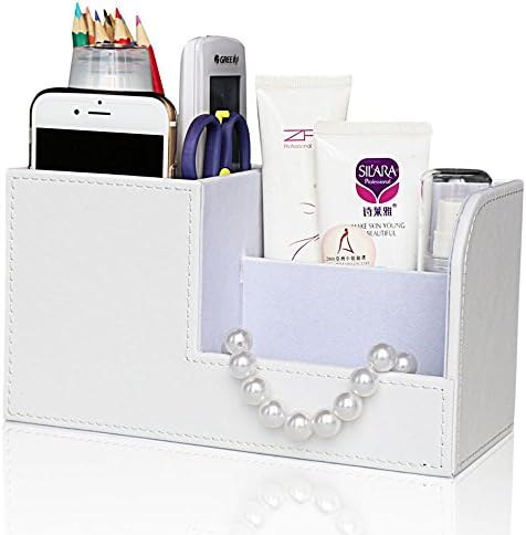 PythonWorld 3 Storage Compartments PU Leather Office Desk Organizer Multi-function Business Stationery Storage Box