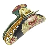 Women Red Gold Tone Glittery Florals Print Black Hair Claw Clamp