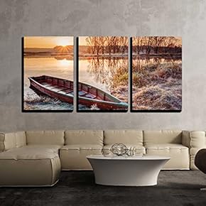 3 Piece Canvas Wall Art - Calm Water of Lake, River and Rowing Fishing Boat at Beautiful Sunrise in Autumn Morning. - Modern Home Art Stretched and Framed Ready to Hang - 16"x24"x3 Panels