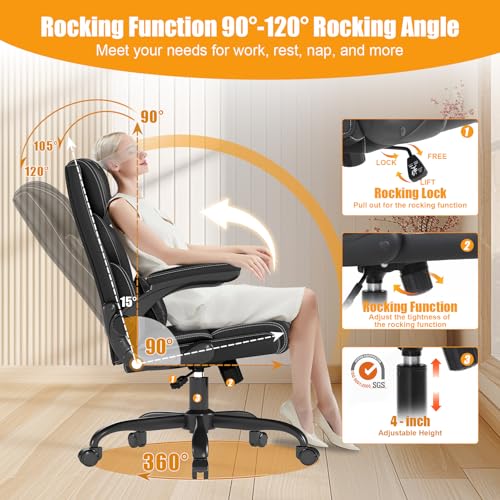 Executive Office Chair with Flip-up Armrests,Ergonomic Computer Desk Chairs,Mid-Tall Back Leather Office Chair 400 Lbs,Lumbar Support Swivel PC Chair with Rocking Function