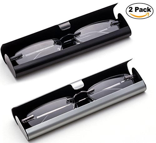 Newbee Fashion-Portable Compact Reading Glasses in Aluminum Case Metal Rectangle Rimless Reading Glasses Super Lightweight Reader Slim Design Comfort Fit for Men&Women 2 PACKBLACK & GUNMETAL+1.00