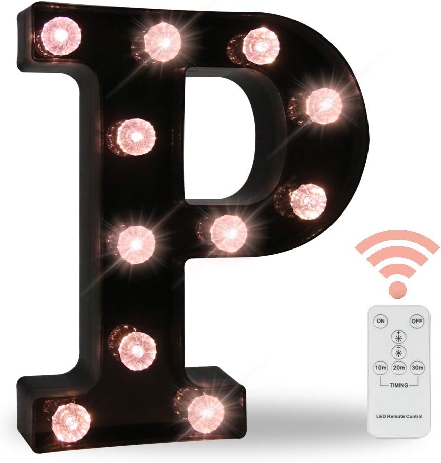 Black Marquee Letters With Lights, LED Light Up Letters Battery Operated Dimmable for Wall Decor, Wedding, Birthday Decorations -Black Letter P