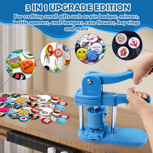 Button Making Machine, 25mm/32mm/58mm 3 in 1 Round Badge Press Kit with 300 Pieces Buttons for Gifts and Pins, Dark Blue