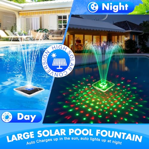LanBlu Fuente Solar con Espectáculo de Luces, 24 * 24CM Fuente Flotante para Piscina con Ancla, 7 Modo de Iluminación Fuente Solar Jardin Exterior, Flotante Fuente Solar para Estanque Piscina Jardin