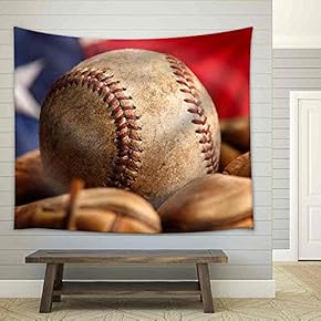 Vintage Baseball Glove with American Flag - Fabric Wall Tapestry Home Decor - 51x60 inches