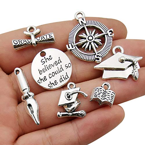 Youdiyla 50 Graduation Charm Collection, Bulk Class of 2019 Graduate Hat Cap School Compass Book Pen Charms Metal Pendant Craft Supplies Findings for Necklace and Bracelet Jewelry Making (HM306)