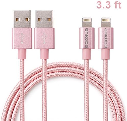 Ankoda® 2Pack 3.3ft/1M Nylon Braided Lightning to USB Cable, Lightning Data Sync & Charge USB Cable for iPhone SE 6S 6S Plus 6 6Plus 5S 5C 5, iPad Air Air 2 mini2 mini3 4th, iPod Nano, iPad Pro and More (Rose Gold)
