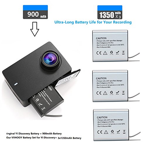 VVHOOY 1350mAh Rechargeable Action Camera Battery and Dual Charger for YI Discovery 4K Action Camera,Pack of 3 - Thumbnail 2