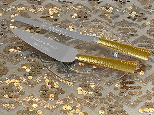 Personalized Engraved Customized Wedding Cake and Knife Server Set, Hammered Metal Cake Cutter with Knife, Gold