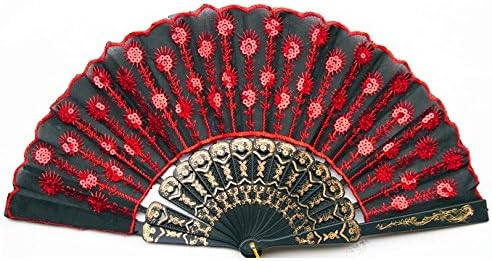 Jackie Beautiful Lady's Silk Hand Fan with Red Sequins (As shown)