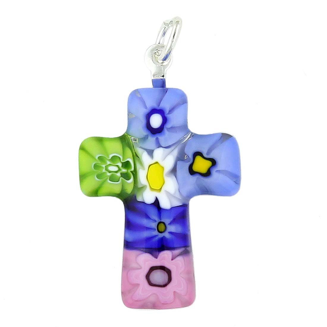 Glass Of Venice Murano Glass Millefiori Cross Pendant Necklace for Women. 1" Glass Cross Multicolor with Silver-Plated Bail - Murano Glass Jewelry Gifts Handmade in Italy