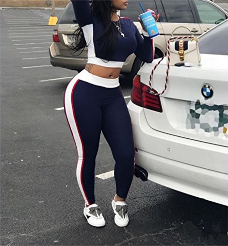 Women's Blue 2 Piece Outfits Clubwear Long Sleeve High Waist Leggings Sets