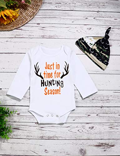 Newborn Baby Boy Girl Clothes Hunting Season Letter Print Romper+ Long Pants +Hat+Headband Outfits Set - Thumbnail 2