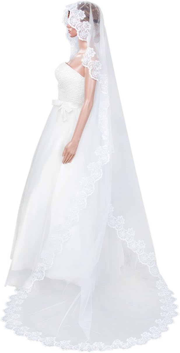JIAHGWedding Veil Long Bridal Veil Flower Lace Fascinator Women Hen Party Headwear 1t Ivory Cathedral Headpiece Floor Length Vintage Prom Embroidery Mantilla Ladies Fancy Party Photography Tulle Cape 5m