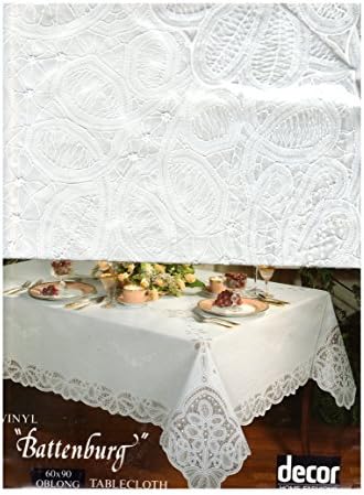 White Battenburg Lace Vinyl Tablecloth 60 x 90 Oblong (Rectangle)