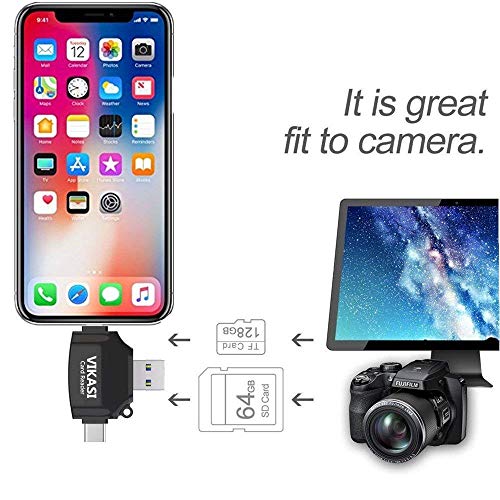 VIKASI SD Card Reader,Memory Micro SD Card Reader USB Type C Adapter Viewer Compatible with iPhone iPad Android Mac - with Lightning Micro USB Type C 4 in 1 (Black) - Thumbnail 4