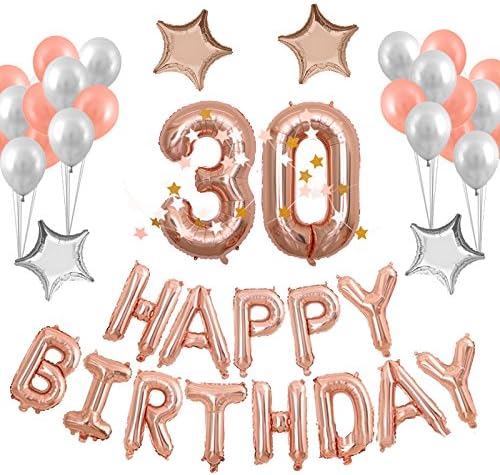 40inch Rose Gold 30th Birthday Number Balloon with Happy Birthday Banner and Latex balloons Mylar Stars for Birthday Party Decorations Supplies (Rose gold 30)