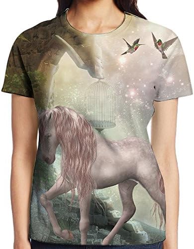 JeanCo Womens Hummingbirds Last Unicorn Golden Leaves Birds Twinkling Stars Moon Mystic Fantasy Fairytale Casual Style T Shirts White S