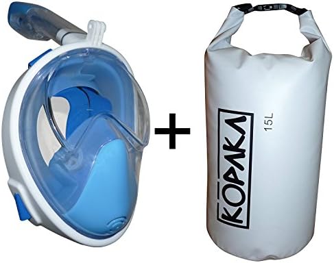 Full Face Snorkel Mask by Kopaka, GoPro Compatible Multiple Sizes and Colors Available (Blue Mask + White Bag, L/XL)