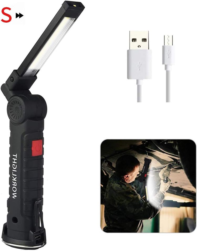 LED COB Work Light USB Rechargeable Light with Magnetic Base 360°Rotate and 5 Lighting Modes Rotating Hook Waterproof Portable Inspection Work Light Home Using and Emergency Light (S)