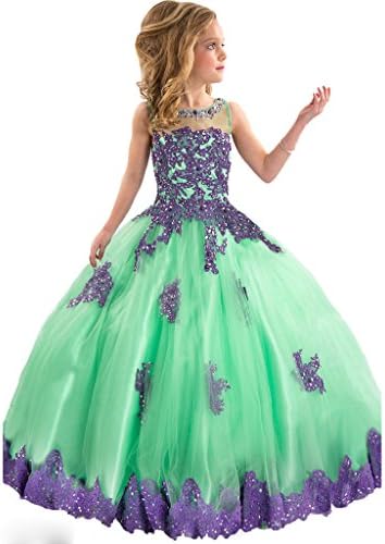PuTao Little Girl's Princess Appliques Crystal Pageant Party Gowns Dresses 6 Green Purple