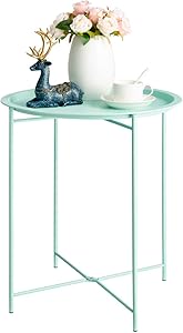 HollyHOME Folding Tray Metal Side Table, Sofa Table Small Round End Tables, Anti-Rust and Waterproof Outdoor or Indoor Snack Table, Accent Coffee Table,(H) 20.28" x(D) 18.11", Blue
