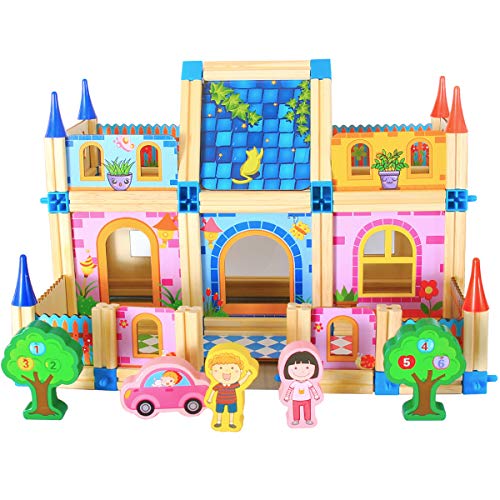 Wooden Building Toys for Kids,123 Pieces DIY Construction House Building Blocks Set Educational Toys ,Great Christmas Birthday Gift for 3, 4, 5, 6 Year Old Girls and Boys