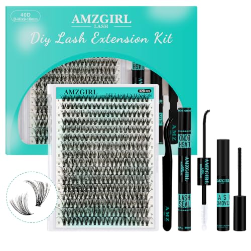 AMZGIRL Cluster Lashes Kit,40D Lash Clusters D Curl 9-16mm,320pcs Lashes | Complete DIY lash kit with 320 soft-volume 40D D curl clusters, bond & seal, remover and tweezers for balanced everyday looks