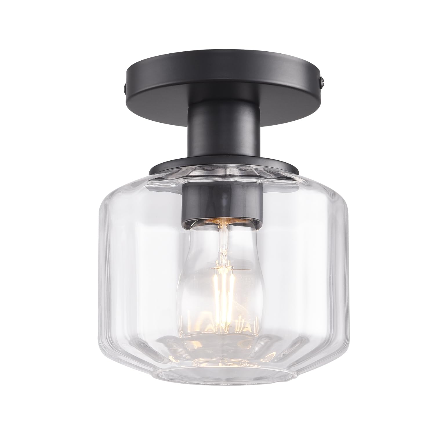 Photo 1 of KLSS Black Semi Flush Mount Ceiling Light,Modern Farmhouse Ceiling Light Fixture for Closet Hallway Entryway Hanging Light Fixture 5.9in Glass Shade