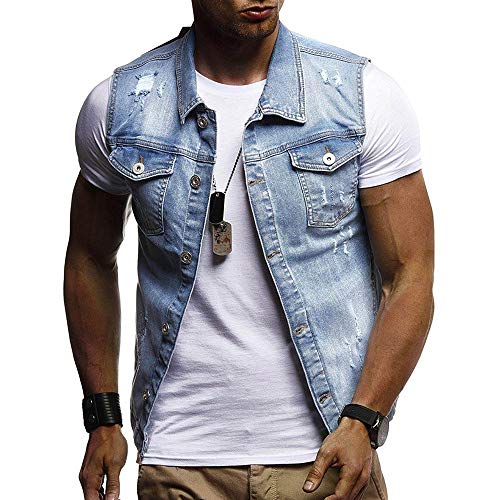 Men Denim Jacket,Vanvler Male Destroyed Waistcoat Blouse Autumn Winter Sleeveless Vest Top Fashion Clearance Sale (L, Blue)