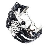 Elegant Fashionable Black Braided Wrap Around Bracelet Bangle With Silver Coloured 2 Birds With Pearl, Tree And Infinity Charms By VAGA©