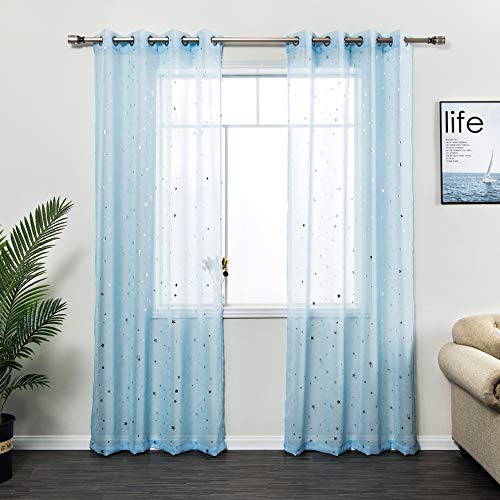 AmHoo Sheer Curtain Foil Print Sliver Star Pattern Semi Voile Sheer Curtain Panel Grommet Top Panels Set of 2 for Living Bedroom Window Treatment (Blue, 52 x 63 Inch)