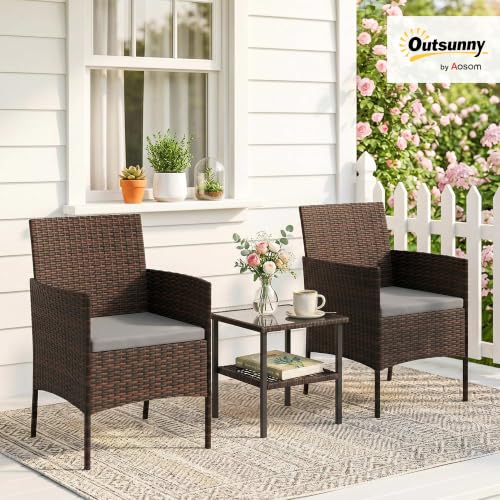 Outsunny 3 Piece Wicker Patio Furniture Set, Rattan Bistro Set with 2 Patio Chairs, 2-Tier Glass Table, Cushions, Outdoor Conversation Furniture for Porch, Balcony, Dark Grey
