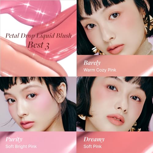 DEAR DAHLIA Petal Drop Blush (Barely) - Weightless Buildable Liquid Blush with High-Pigment, Long-lasting Dewy Finish, Natural Flush. Hydrating, Vegan, Cruelty-Free Korean Makeup for Cheeks. (0.14 oz)
