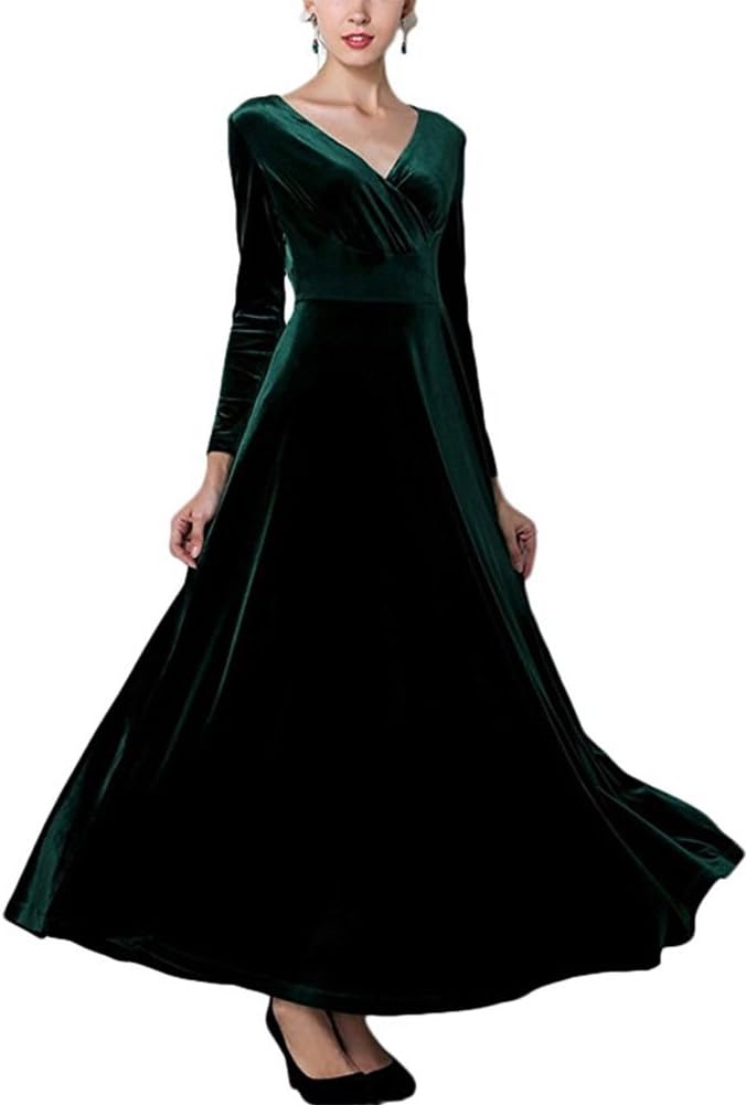 Honeydress Women's Haute Couture Elegant Long Sleeve V-Neck Velvet Ball Gown Maxi Tunic Long Dress