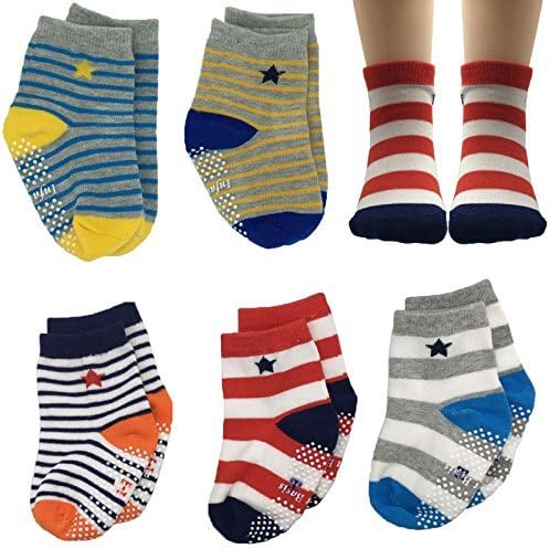 FlyingP Assorted Non Skid Ankle Socks 5 Pairs 8-36 Months Baby Walker Boys Toddler Anti Slip Knit Stripes Star Grips Socks